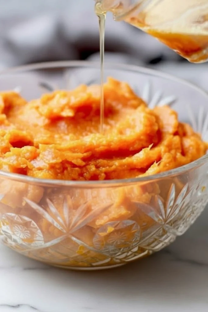 Brown butter whipped sweet potatoes in a glass bowl with warm browned butter being poured on top.