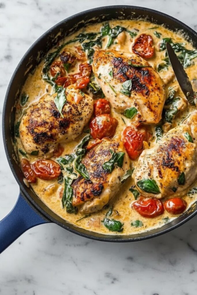 Creamy Tuscan Chicken simmered in garlic Parmesan sauce with spinach and cherry tomatoes in a skillet.