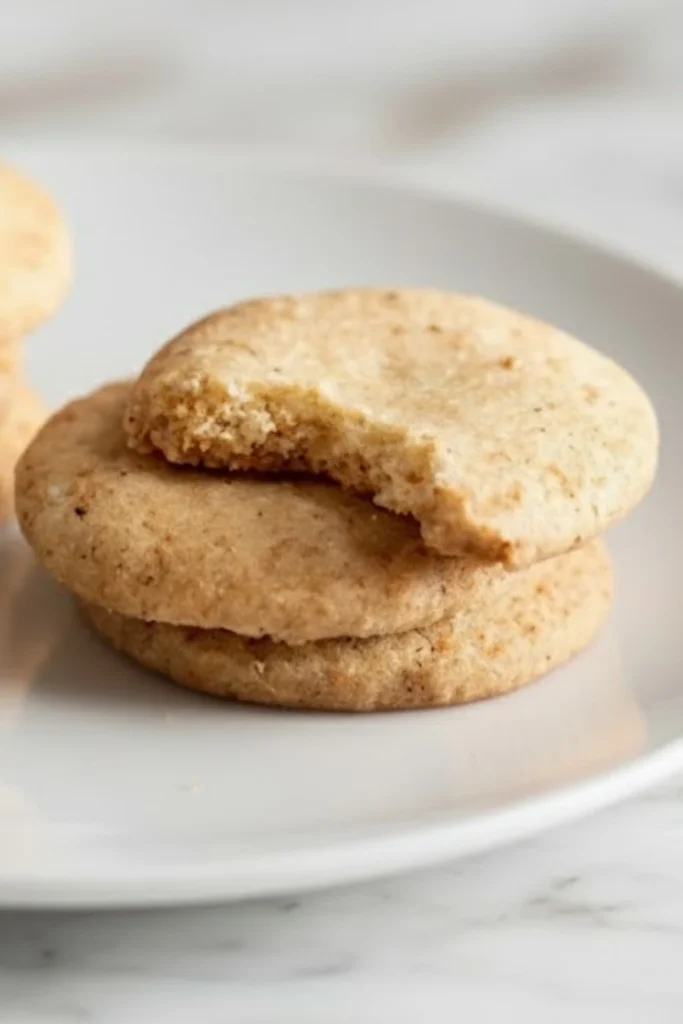 Brown butter shortbread cookies stacked on a white plate with one cookie showing a bite.