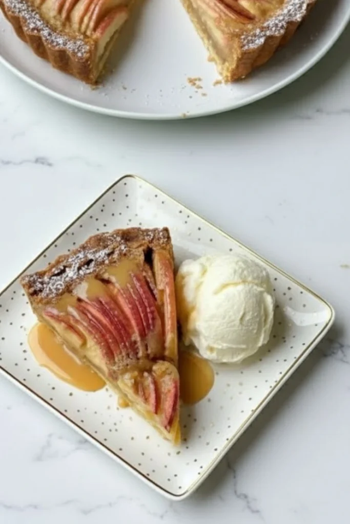 Slice of Caramel Apple Tart served with vanilla ice cream and caramel drizzle on a white plate.