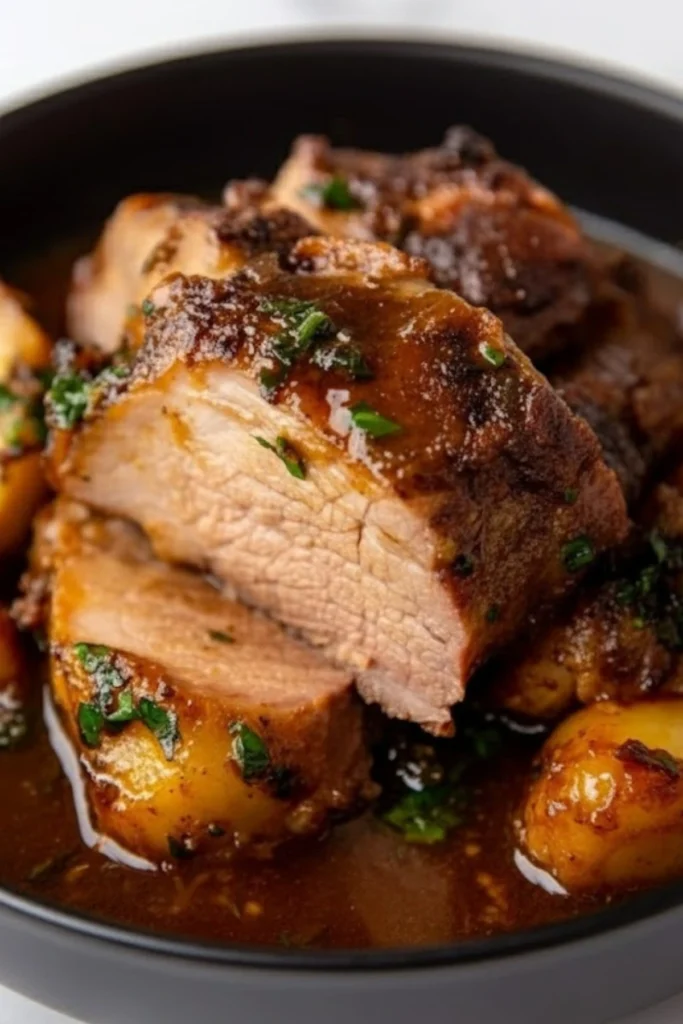 Slow cooker honey butter pork roast in rich savory glaze with tender potatoes