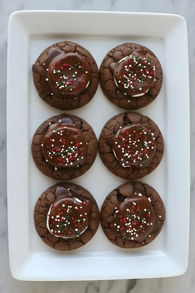 Hot cocoa cookies topped with melted chocolate icing and holiday sprinkles arranged on a white platter.