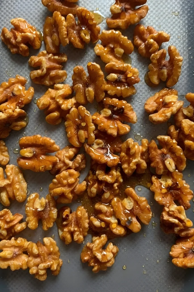 Spiced walnuts coated in maple syrup and spices on a baking tray ready to roast