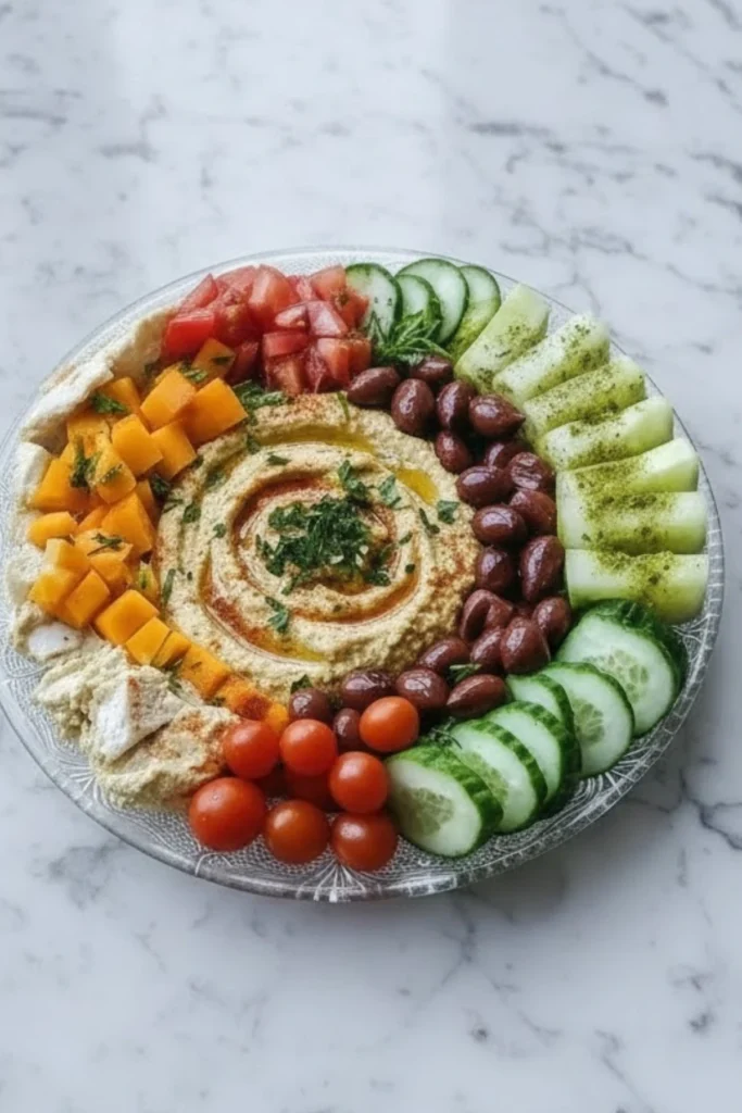 Greek hummus platter with creamy homemade hummus surrounded by fresh cucumbers, cherry tomatoes, olives, and diced vegetables on marble.