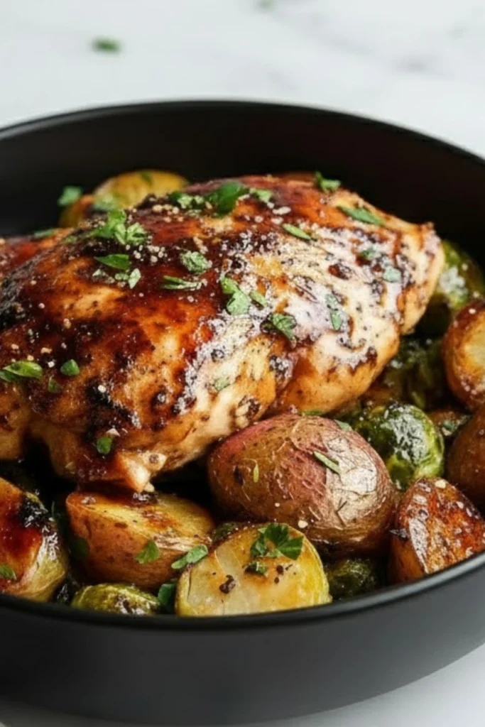 Slow Cooker Balsamic Chicken with red potatoes and Brussels sprouts coated in a rich balsamic glaze and garnished with fresh parsley.