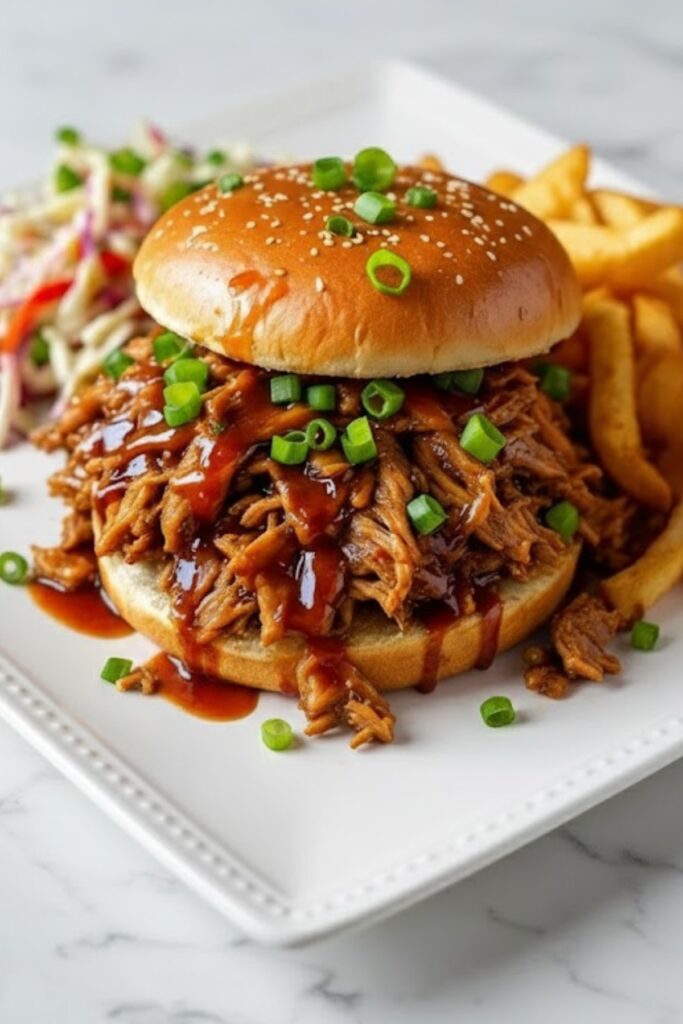 Slow Cooker Honey Garlic Pulled Pork sandwich with barbecue sauce, topped with green onions, served with fries and coleslaw on a white plate
