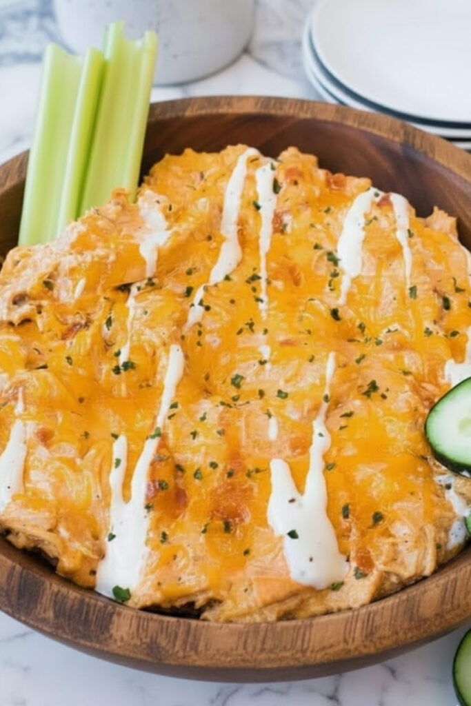 Healthy Buffalo Chicken Dip with Greek Yogurt topped with melted cheddar and ranch drizzle