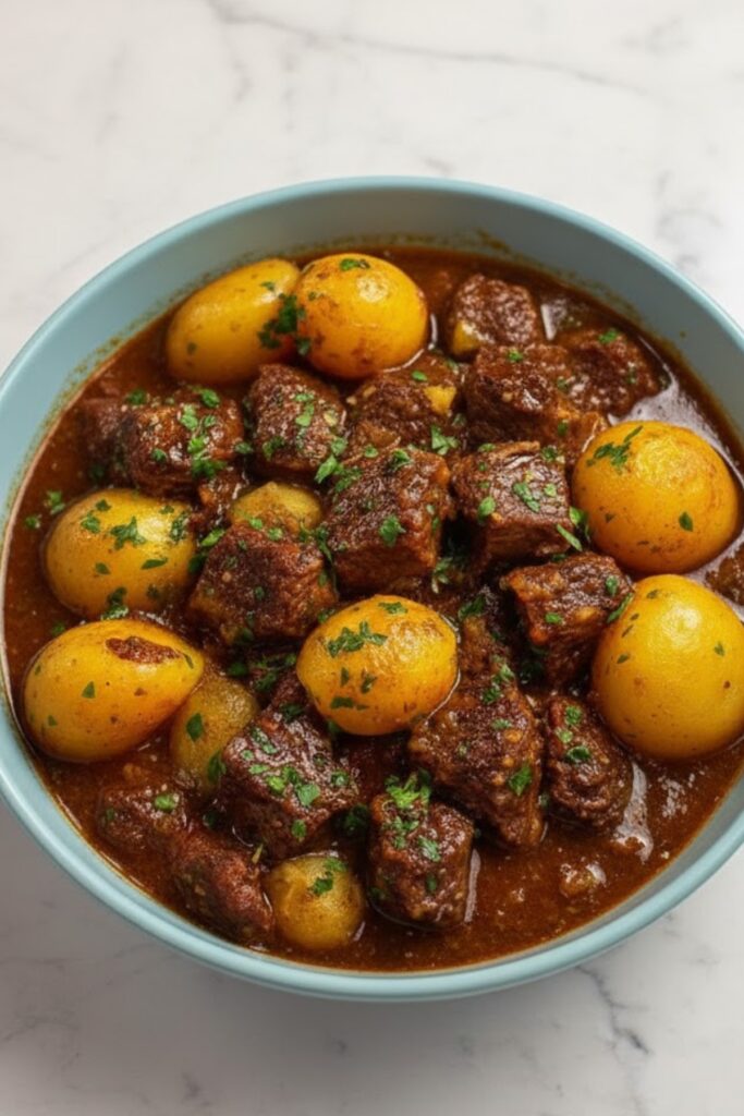 Slow Cooker Garlic Butter Beef with baby potatoes served in rich garlic butter sauce and garnished with fresh parsley in a blue bowl.