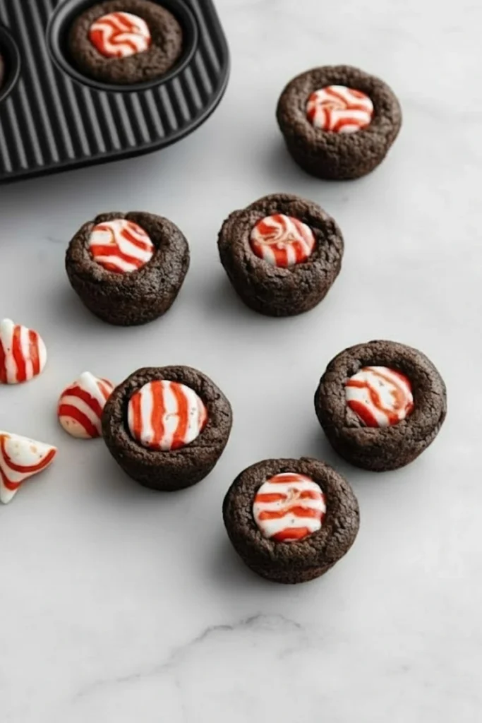 Peppermint Brownie Bites topped with striped peppermint candies displayed on a marble surface next to a mini muffin pan.