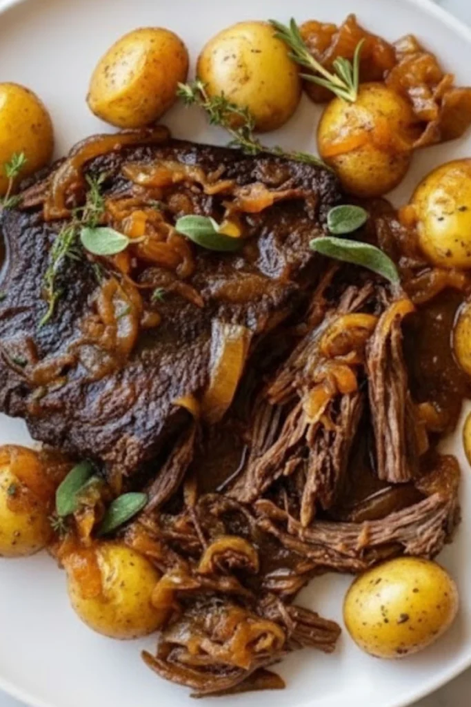 Apple Cider Pot Roast with Potatoes served on a white plate with caramelized onions and herbs for a cozy fall dinner.