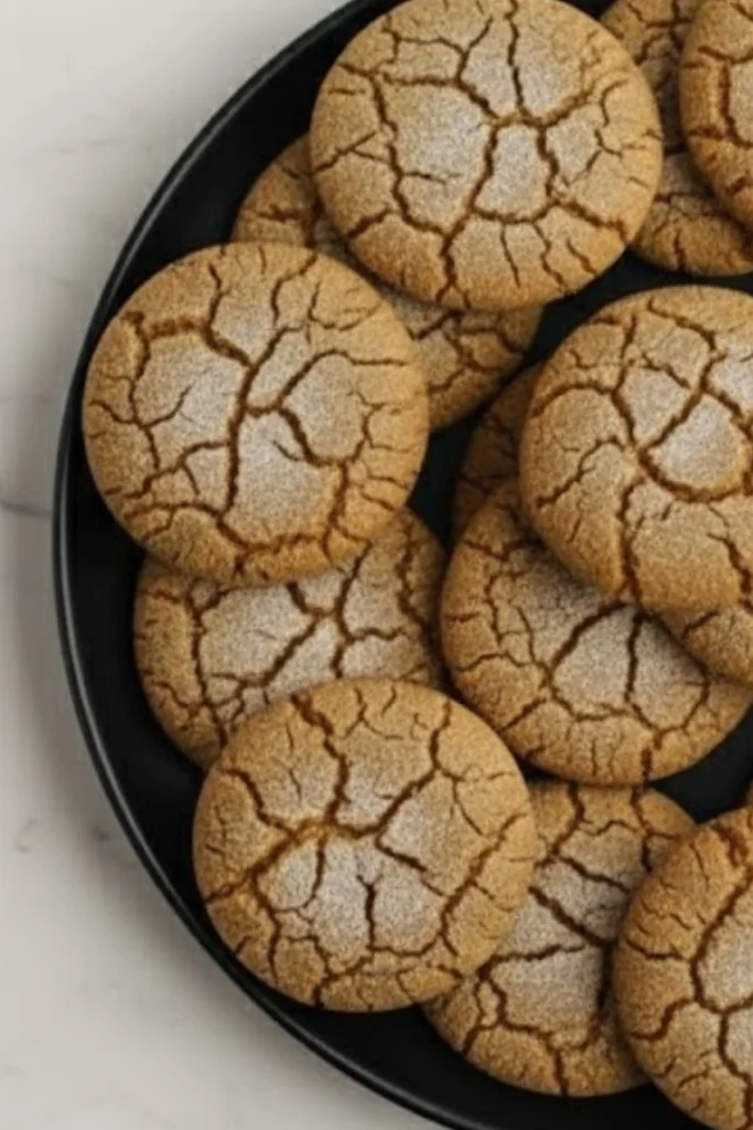 Soft chewy Starbucks Copycat Ginger Molasses Cookies on a black plate with crackled tops and sugar coating
