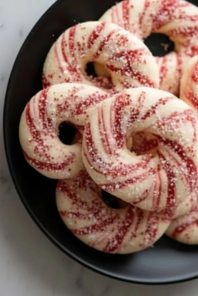 Candy cane cookies with red and white swirled dough, shaped into rings and sprinkled with sugar on a black plate.