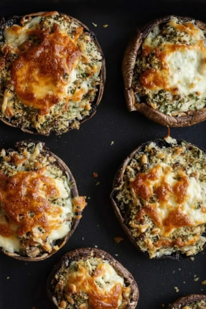 Best Vegetarian Stuffed Mushrooms baked with golden cheese and herb breadcrumb filling on a dark baking tray