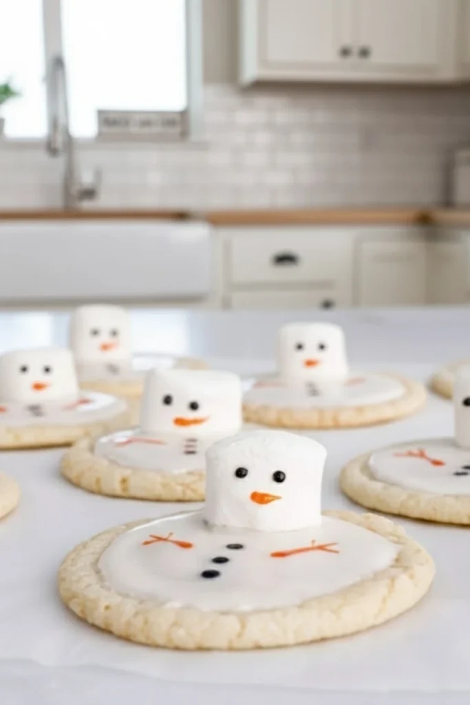 Melted Snowman Sugar Cookies with marshmallow snowmen on frosted sugar cookies, decorated with icing and candy details in a cozy kitchen setting.