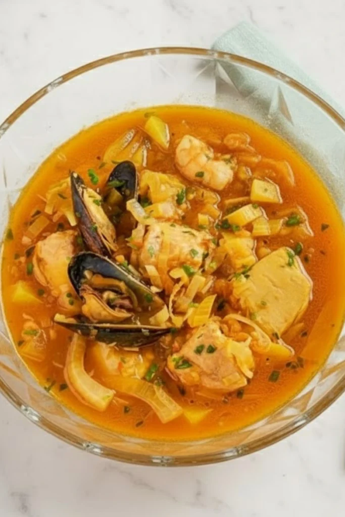 Bowl of Weeknight Bouillabaisse with mussels, shrimp, and white fish in a saffron tomato broth, garnished with herbs on a marble table