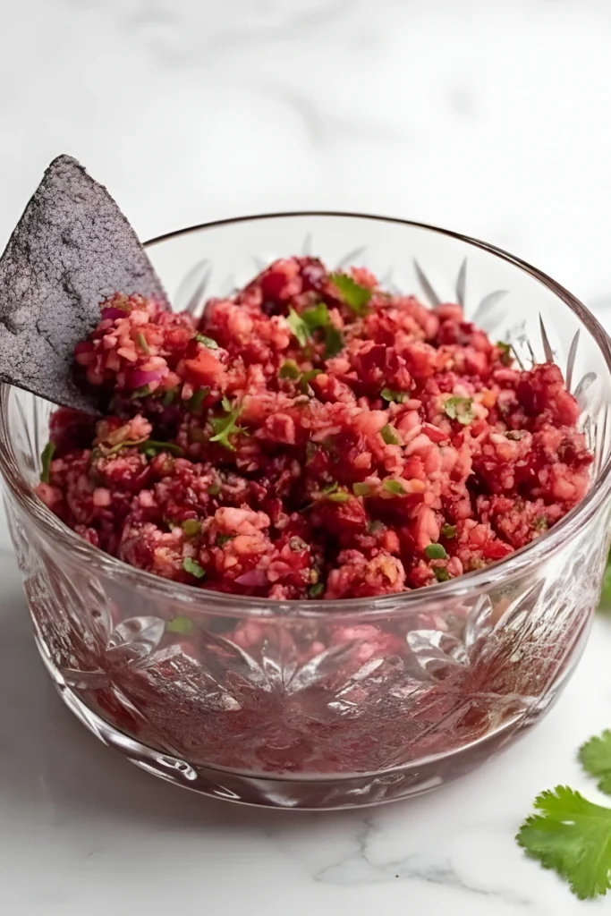 Glass bowl filled with fresh cranberry salsa made with cranberries, red onion, jalapeño, and cilantro, served with a blue corn tortilla chip.