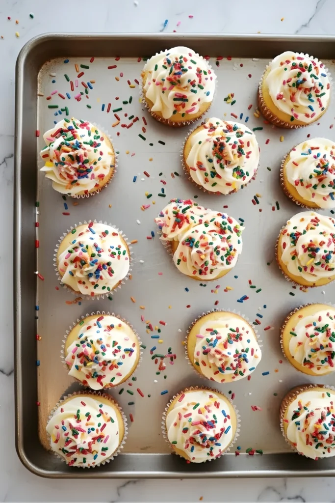 Freshly baked holiday sprinkle cupcakes with creamy vanilla frosting and colorful sprinkles on a baking tray, perfect for festive celebrations.