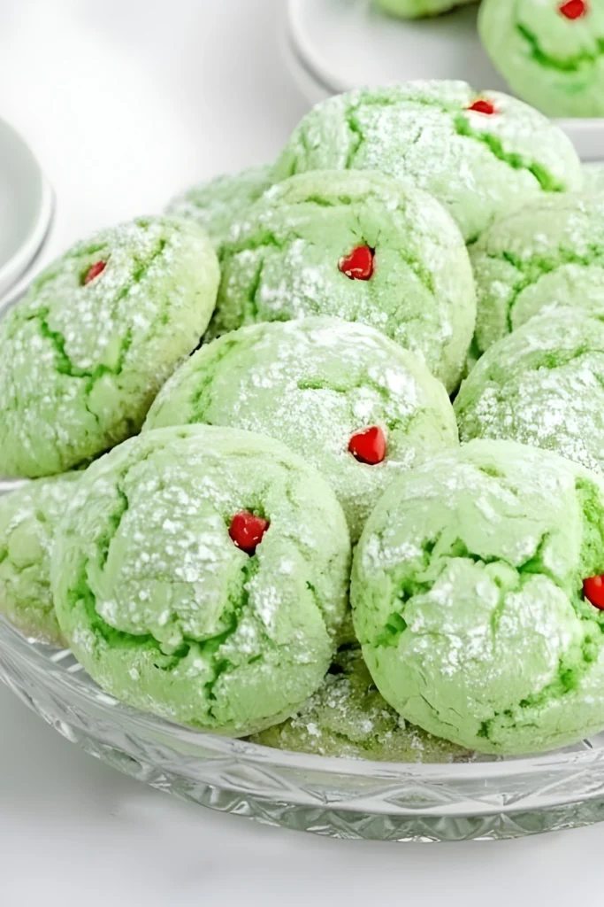 Easy Grinch Cookies on a glass plate dusted with powdered sugar and topped with red heart sprinkles, perfect for Christmas dessert tables.