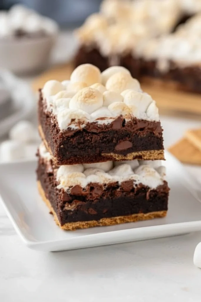 Stacked Easy S’mores Brownies with toasted marshmallows, rich chocolate brownie layers, and a graham cracker crust on a white plate.