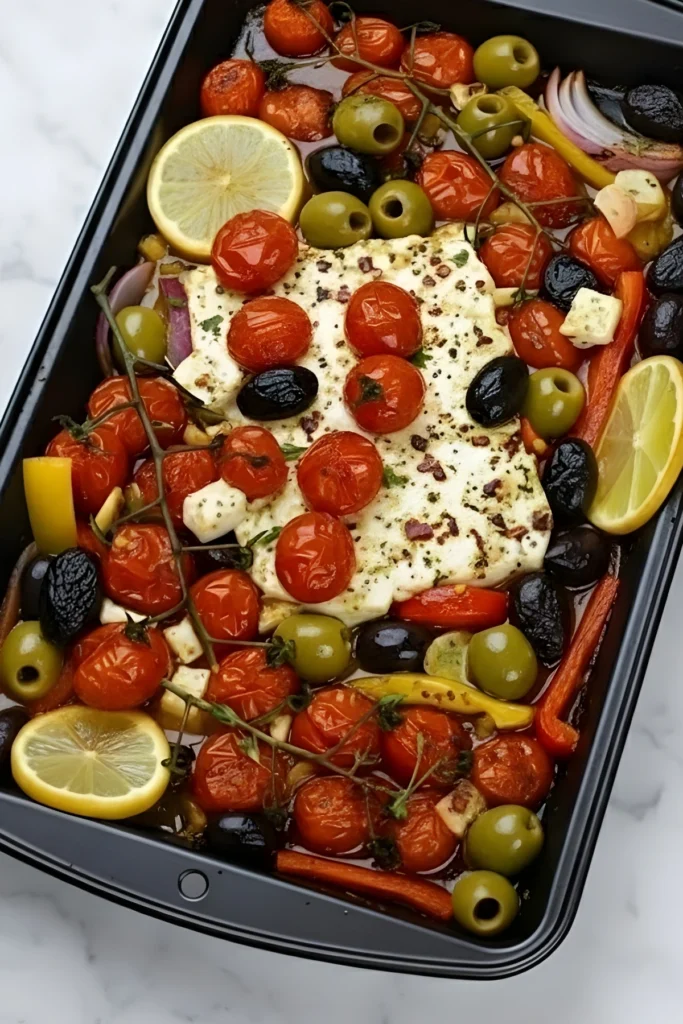 Baked feta with cherry tomatoes, olives, bell peppers, and lemon slices in olive oil, baked until soft and golden for a Mediterranean appetizer.