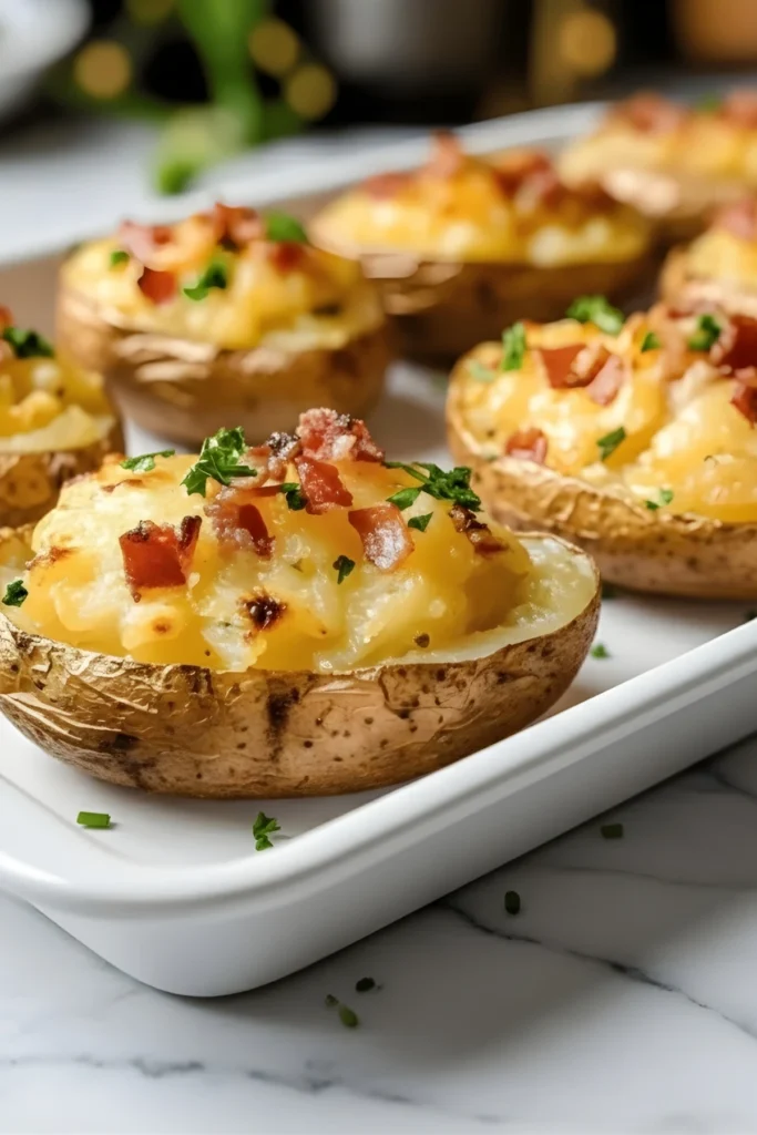 Loaded Holiday Baked Potatoes topped with cheese bacon and herbs