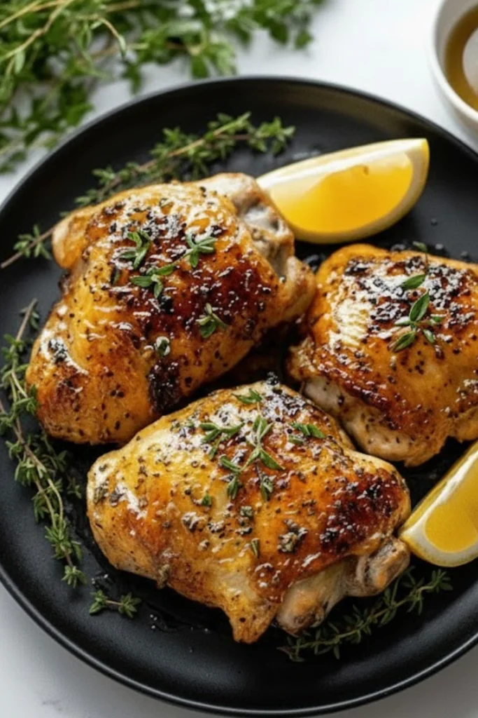 Maple Dijon Roasted Chicken Thighs served with lemon wedges and fresh thyme on a black plate, featuring golden crispy skin and caramelized glaze.