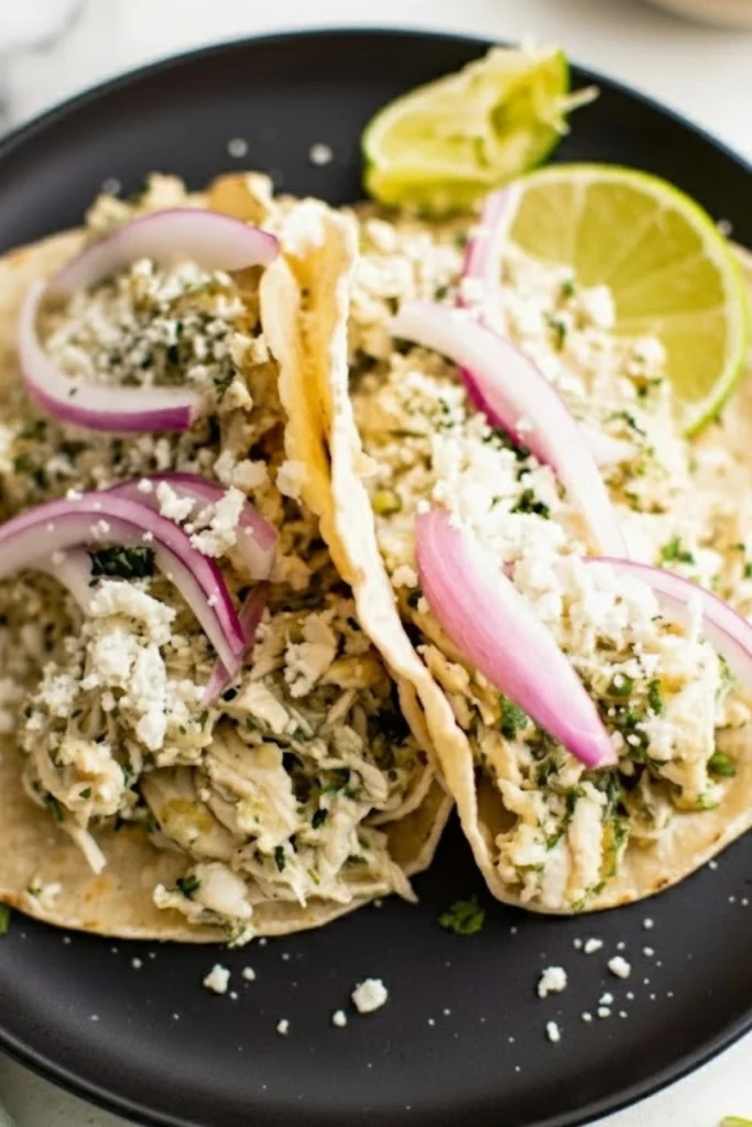 Salsa Verde Chicken Tacos in the Crockpot topped with cotija cheese, red onion, cilantro, and lime wedges on a black plate.