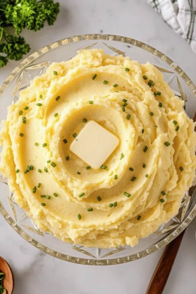 Creamy Yukon Gold Mashed Potatoes Delight with butter and chives in a glass bowl on marble countertop