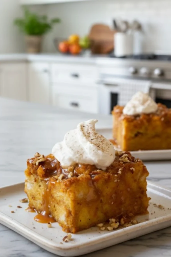 Pumpkin bread pudding topped with whipped cream and caramel sauce on a white plate in a bright kitchen