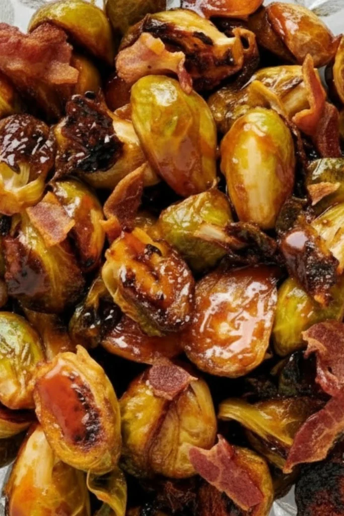 Caramelized roasted Brussels sprouts with crispy bacon pieces coated in a glossy glaze.