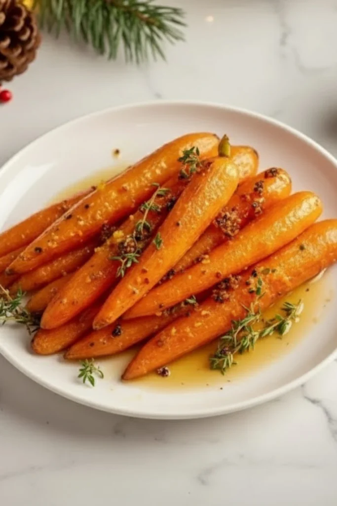 Honey-glazed roasted Christmas carrots with fresh thyme served on a white plate