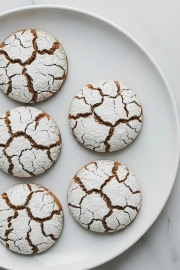 Gingerbread crinkle cookies with powdered sugar on a white plate showing soft centers and classic crackled tops.