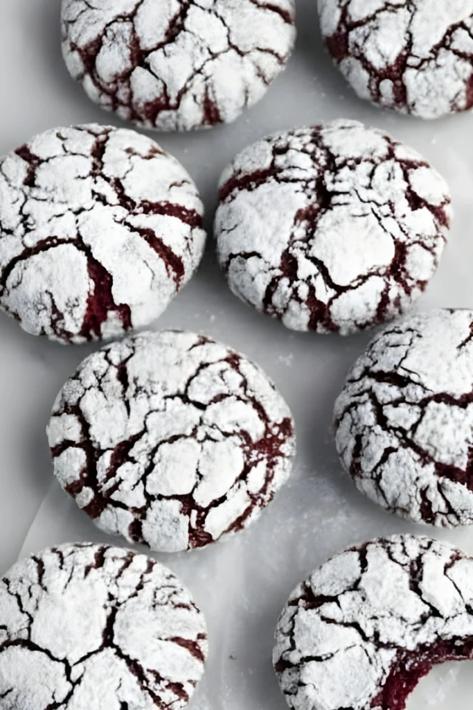 Close-up of freshly baked red velvet crinkle cookies coated in powdered sugar with crackled tops on parchment paper
