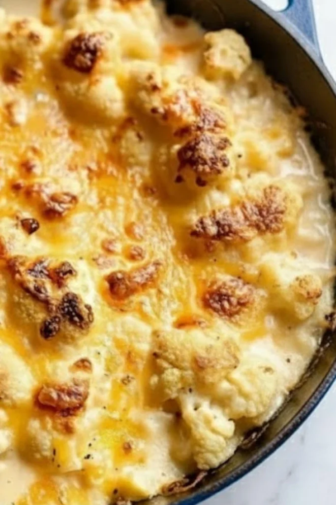 Baked Cauliflower Cheese Recipe with golden melted cheddar and creamy sauce in a skillet