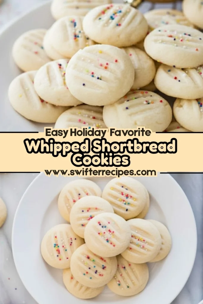 Easy whipped shortbread cookies topped with colorful sprinkles, displayed on white plates and perfect for the holiday baking season.