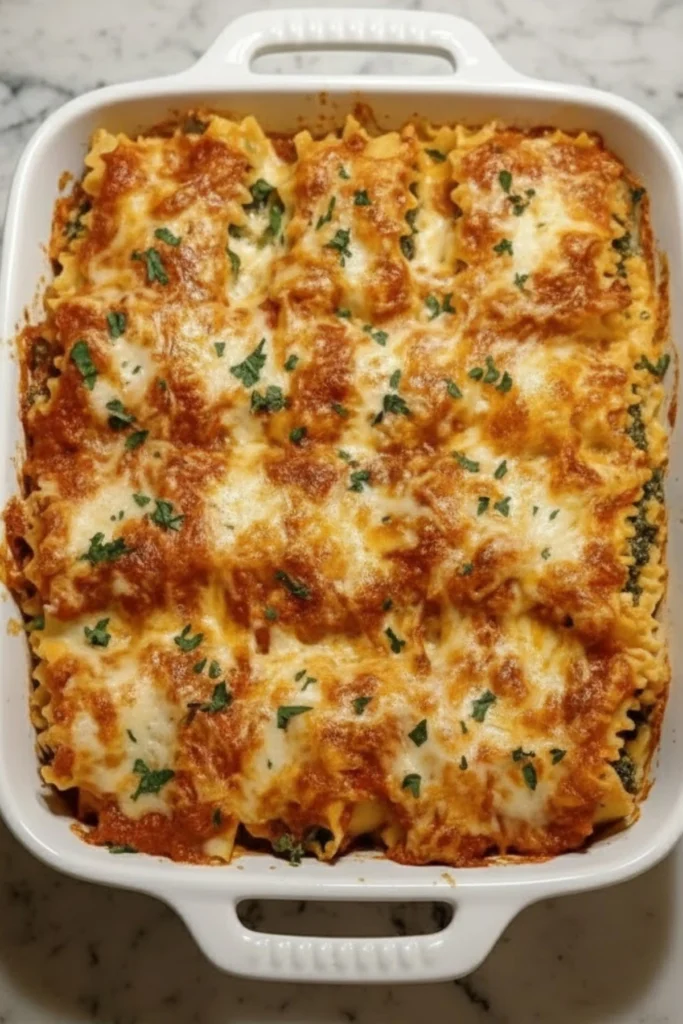 Cheesy Spinach Lasagna Rolls baked in a white casserole dish, topped with golden melted mozzarella and fresh herbs on a marble countertop.