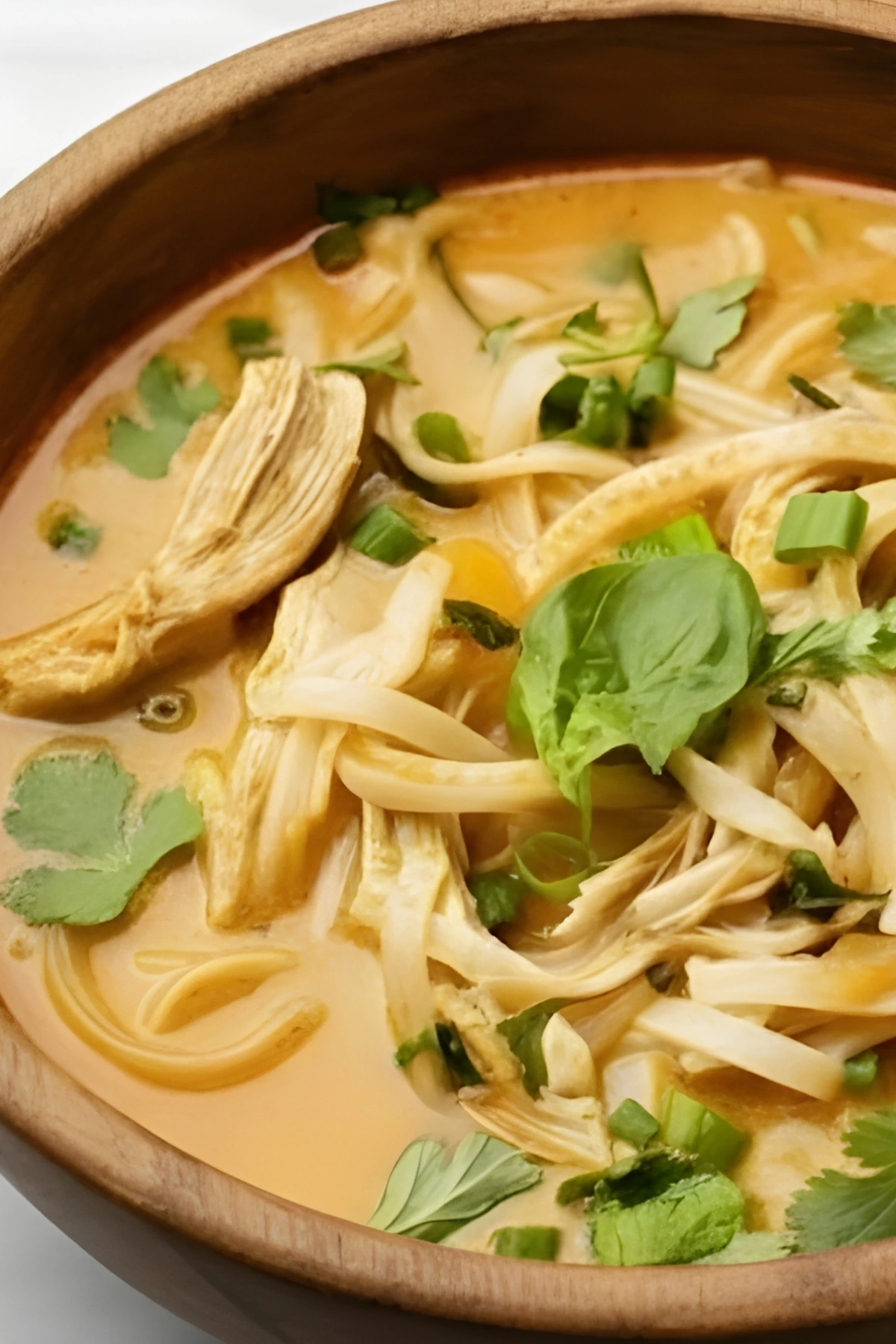 Close-up of Thai Chicken Curry Soup with shredded chicken, rice noodles, and fresh cilantro in a wooden bowl