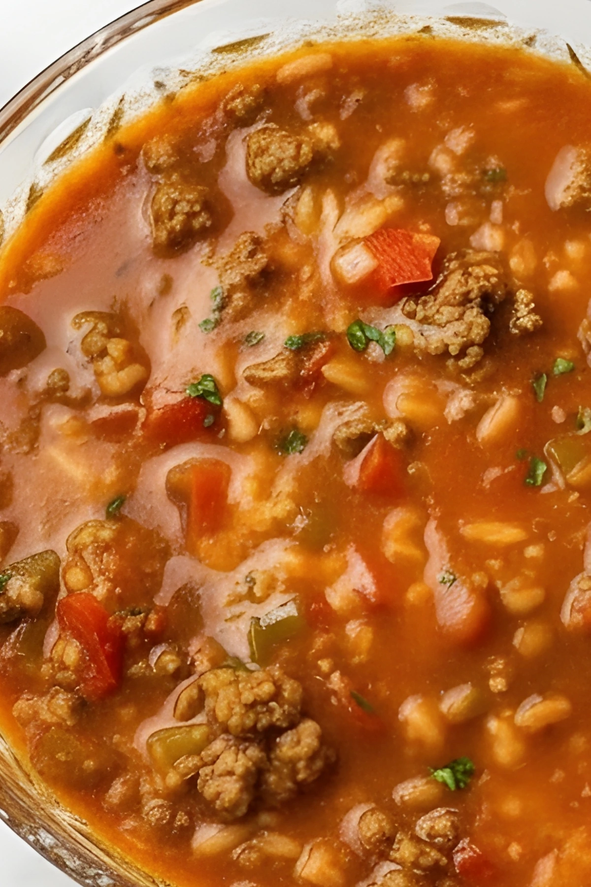 Close-Up of Hearty Stuffed Pepper Soup with Ground Beef and Rice