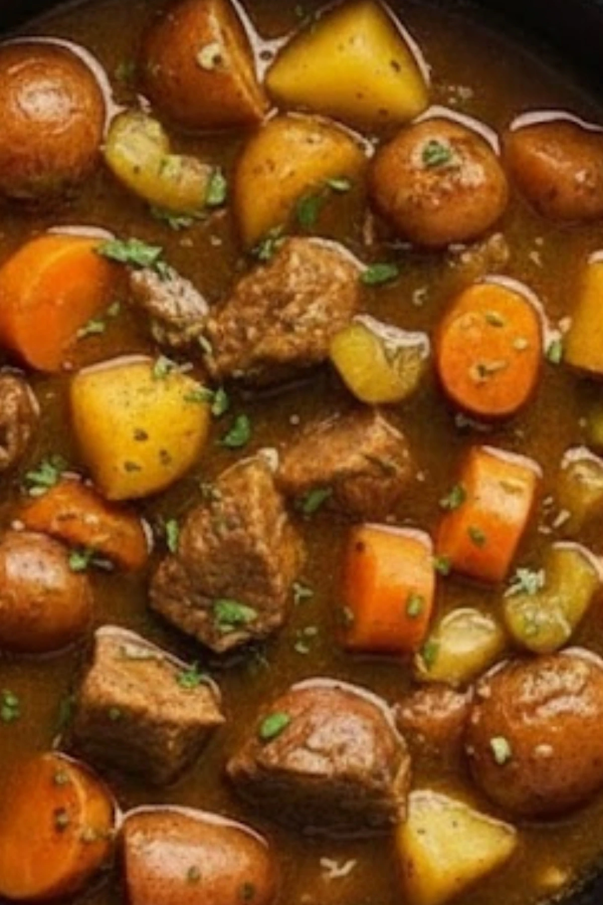 Old Fashioned Beef Stew with tender beef chunks, potatoes, carrots, and celery in a savory broth.