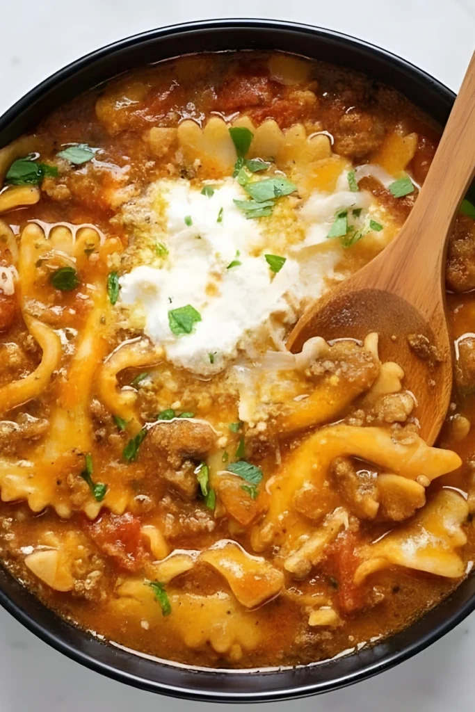 Hearty lasagna soup with pasta, ground beef, ricotta, and fresh herbs