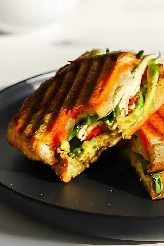 Close-up of a Loaded Chicken Pesto Panini with Fresh Vegetables