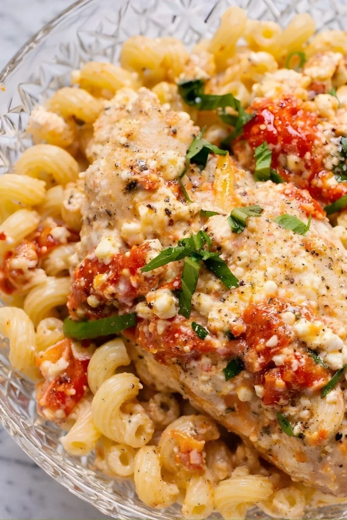 Baked feta chicken served over pasta with creamy tomato garlic sauce