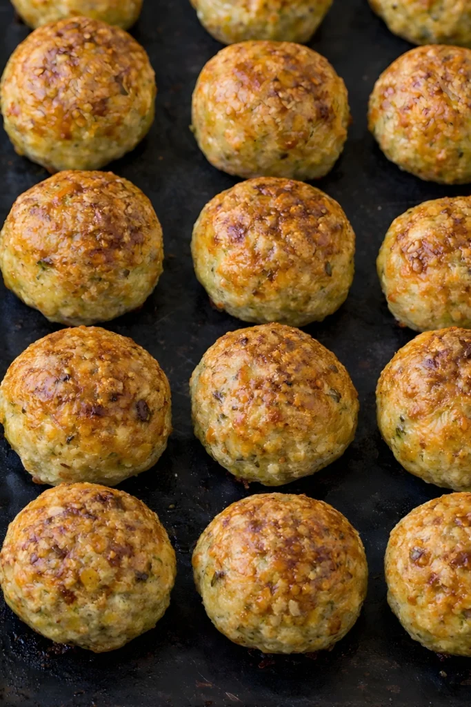 Baked chicken meatballs arranged on a baking sheet with golden brown tops