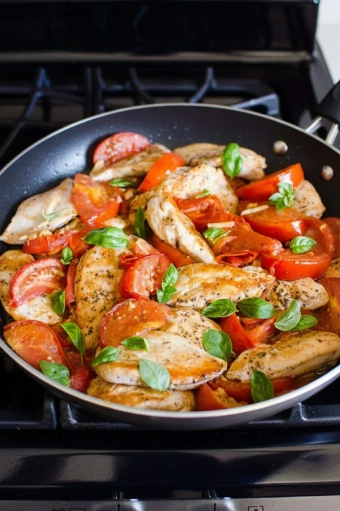 Skillet Chicken and Tomatoes Recipe with Fresh Basil