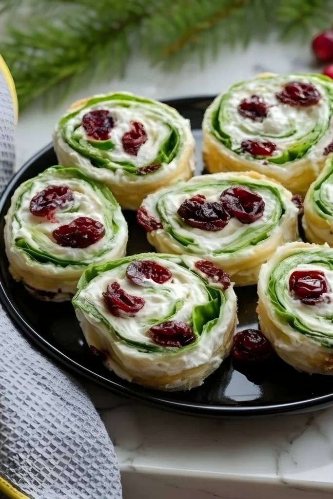 Christmas Cranberry Pinwheels Recipe with cream cheese spinach and dried cranberries on black plate festive easy no bake holiday appetizer