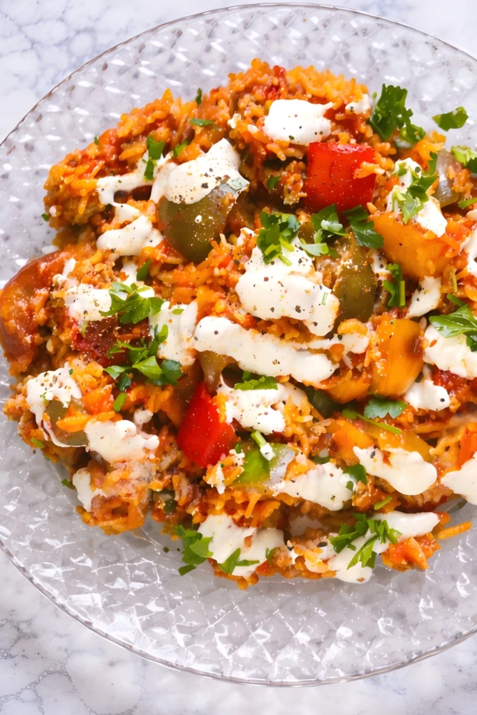 Deconstructed Stuffed Peppers Skillet served with rice bell peppers ground turkey marinara sauce sour cream and fresh parsley on a plate