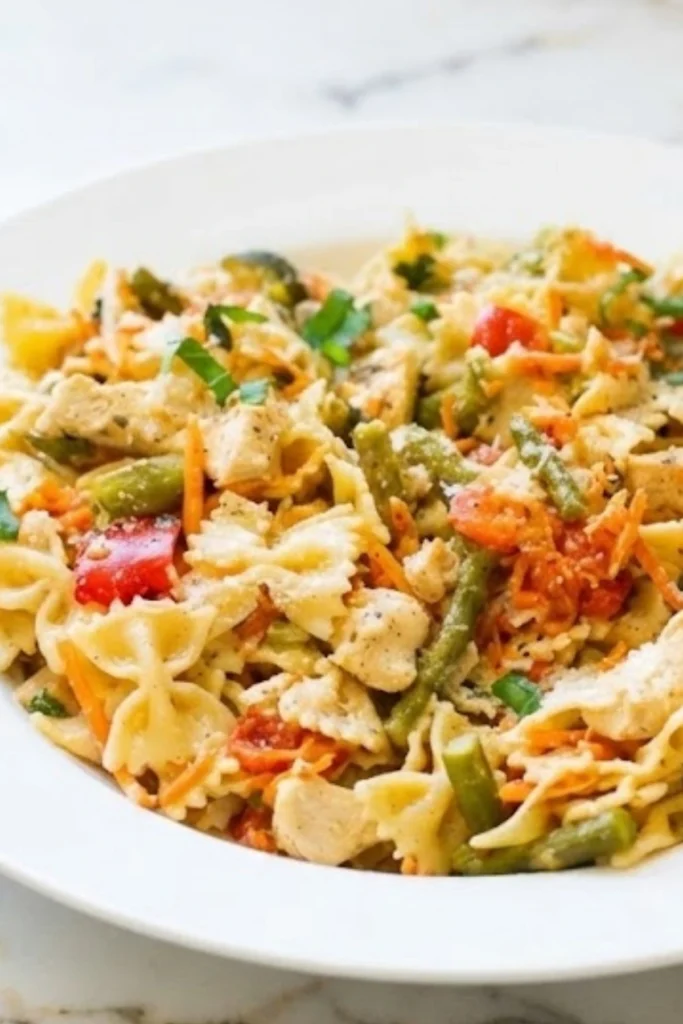 Chicken pasta primavera in a white bowl with bowtie pasta, fresh vegetables, and creamy Parmesan sauce