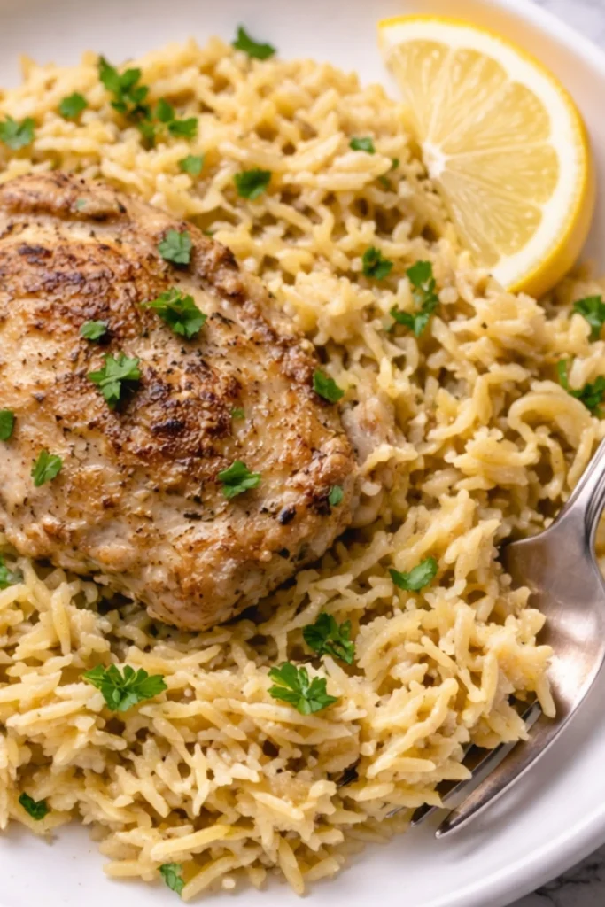 One pot lemon chicken orzo with golden seared chicken breast, fluffy orzo rice, fresh parsley, and lemon wedge