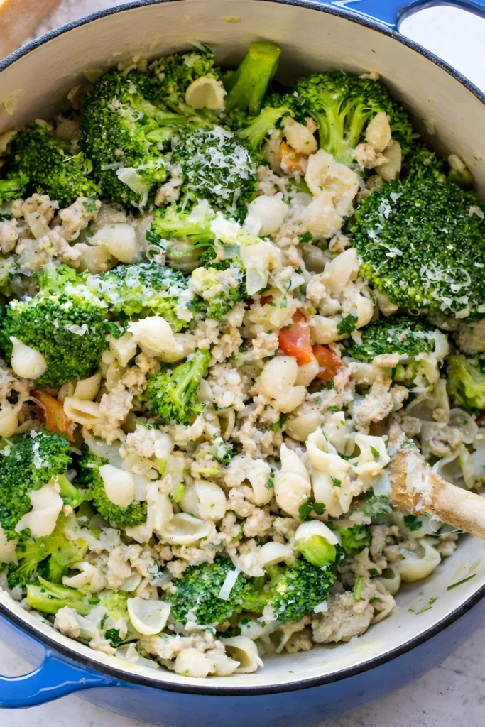 One-Pot Ground Turkey and Broccoli Pasta in Dutch Oven