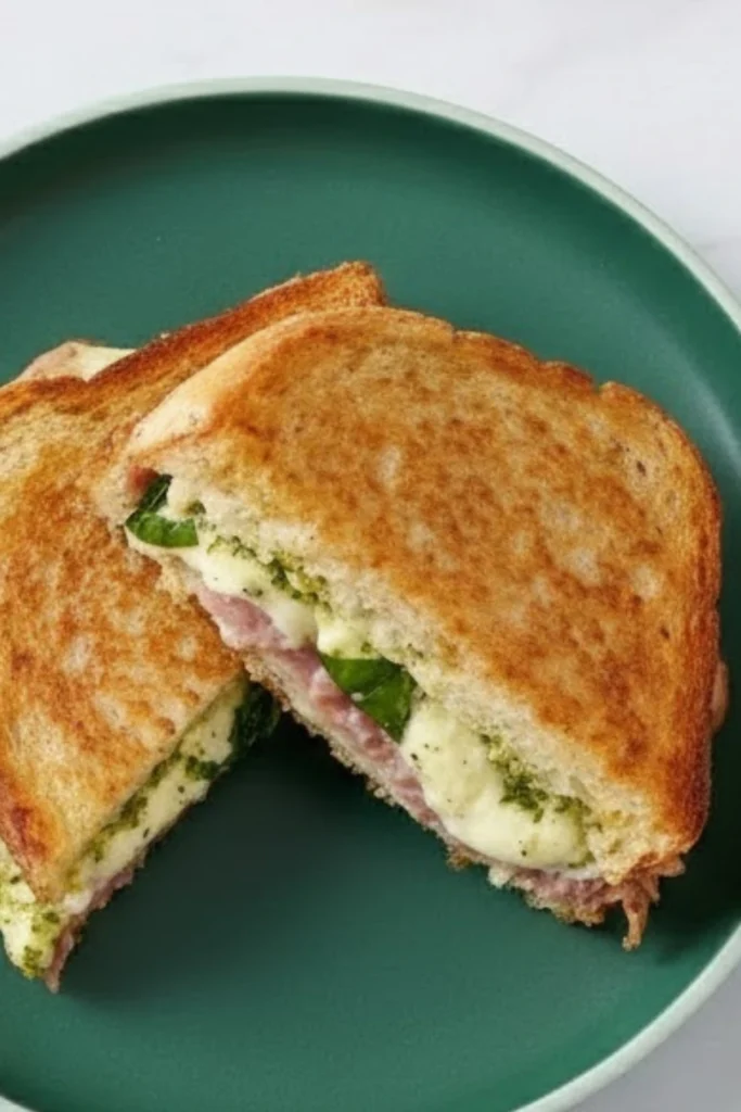 Grilled sourdough sandwich filled with prosciutto, melted mozzarella, basil, and pesto on a green plate